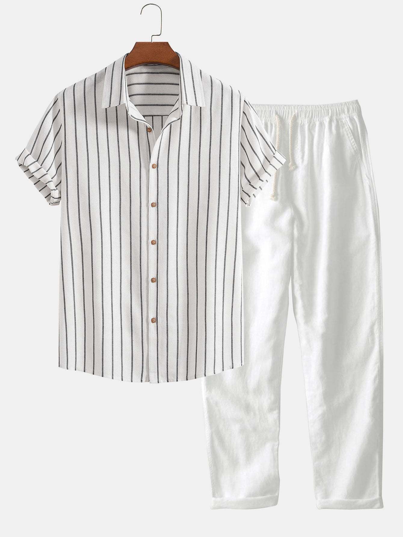Cotton Blend Striped Button Up Shirt & Straight Leg Linen Pants-Mitchell Shoes