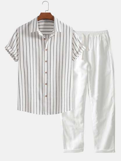 Cotton Blend Striped Button Up Shirt & Straight Leg Linen Pants-Mitchell Shoes