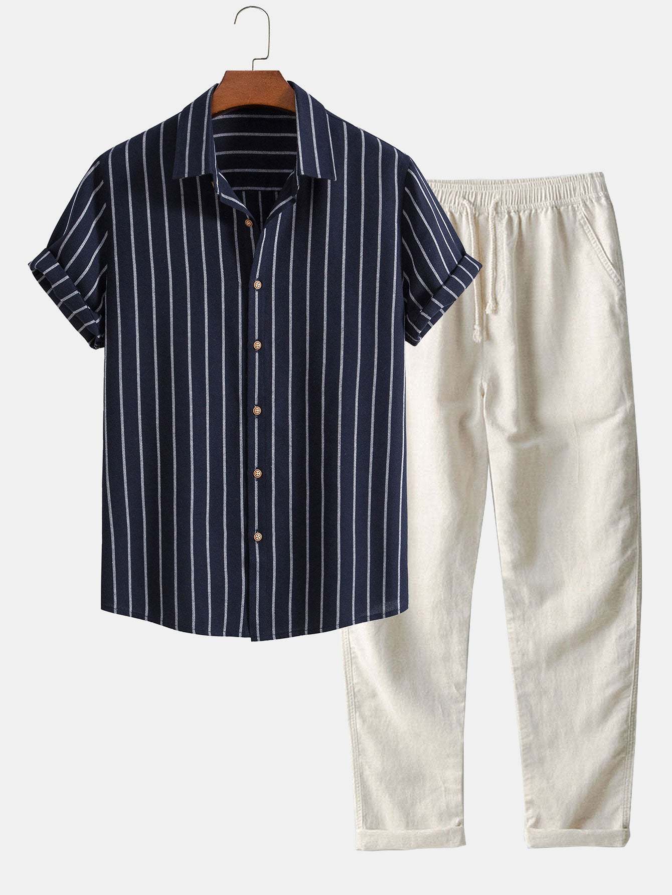Cotton Blend Striped Button Up Shirt & Straight Leg Linen Pants-Mitchell Shoes