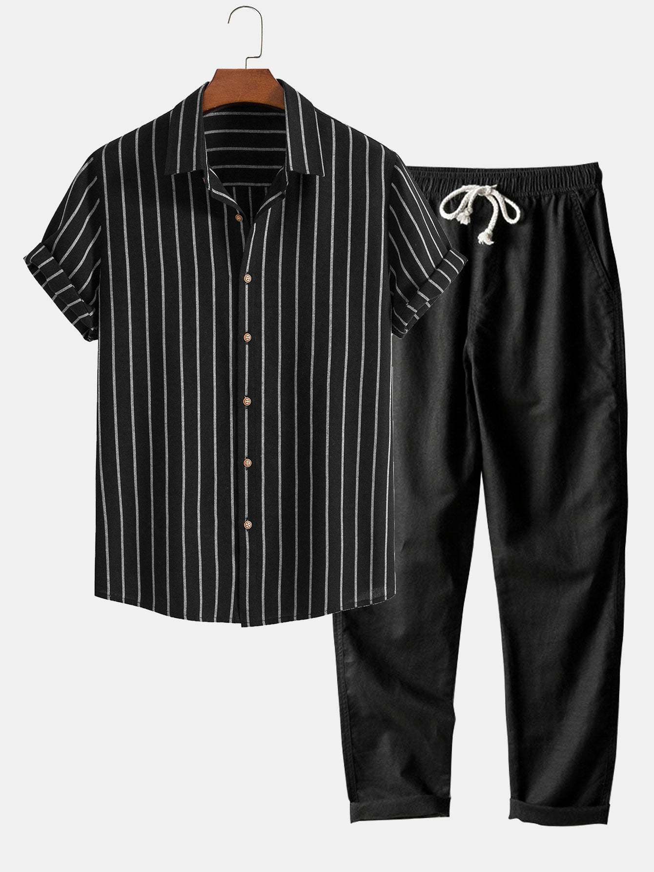 Cotton Blend Striped Button Up Shirt & Straight Leg Linen Pants-Mitchell Shoes