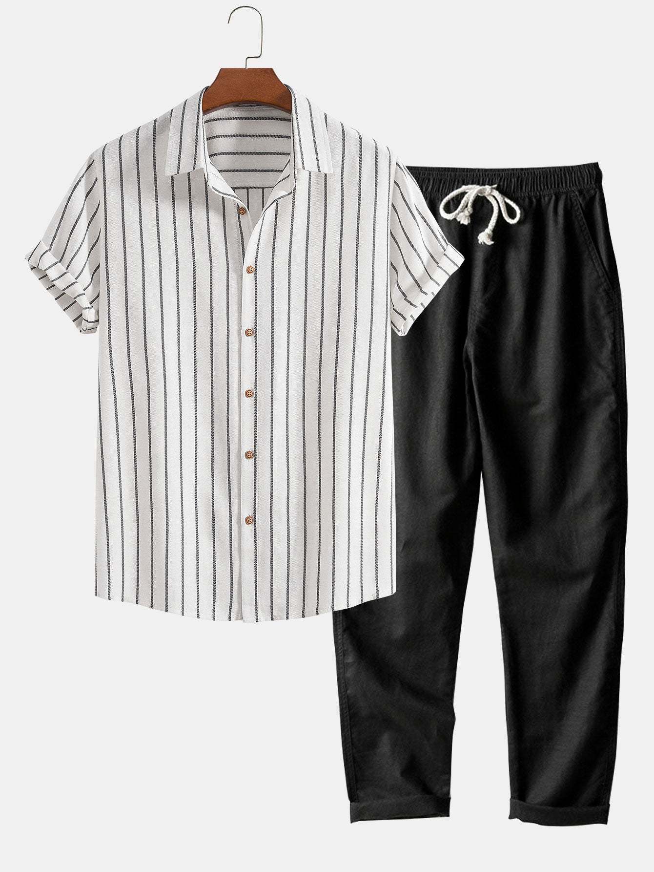 Cotton Blend Striped Button Up Shirt & Straight Leg Linen Pants-Mitchell Shoes
