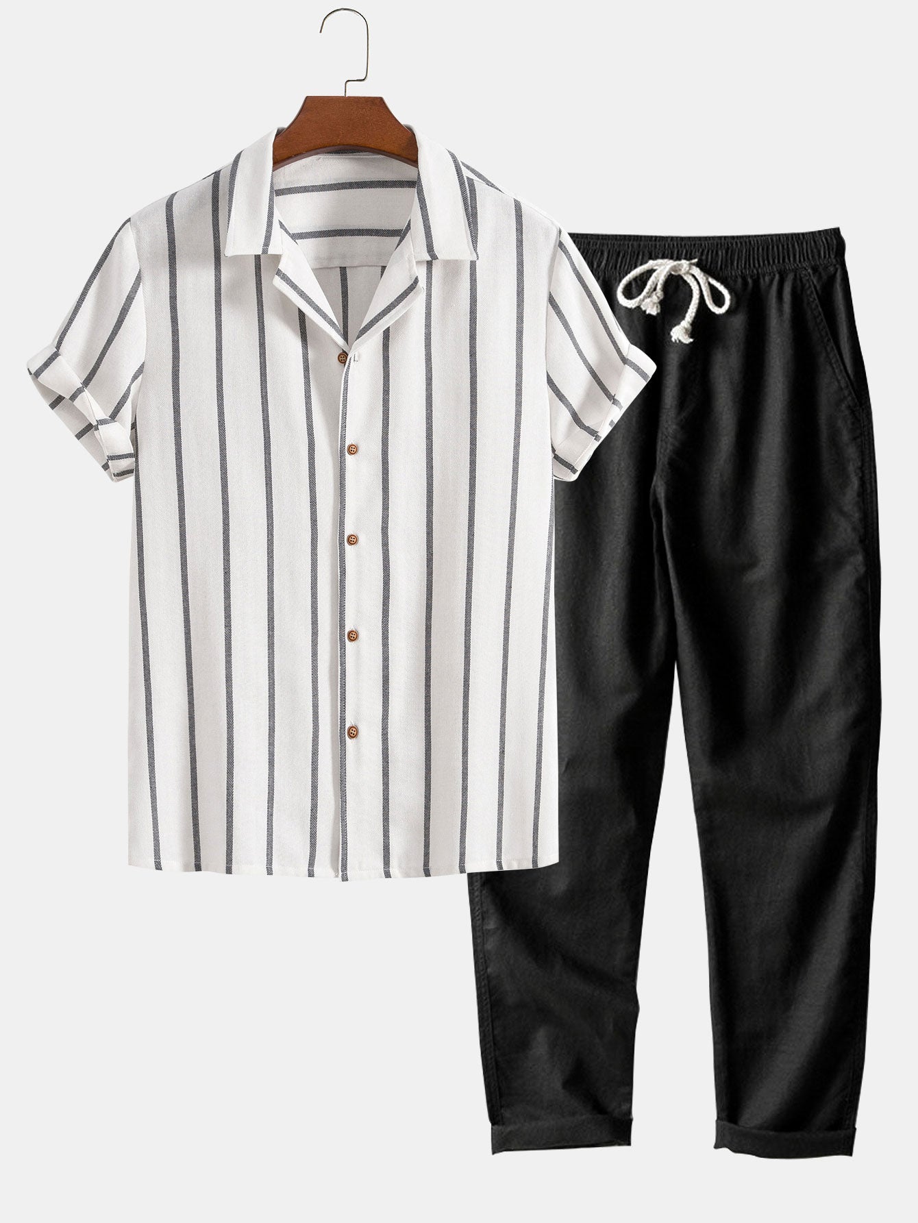 Cotton Blend Striped Cuban Shirt & Straight Leg Linen Pants-Mitchell Shoes