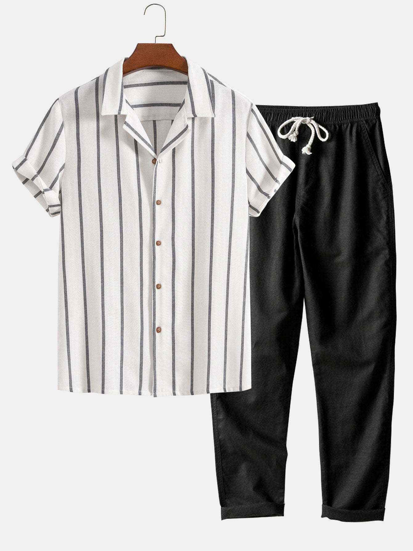Cotton Blend Striped Cuban Shirt & Straight Leg Linen Pants-Mitchell Shoes