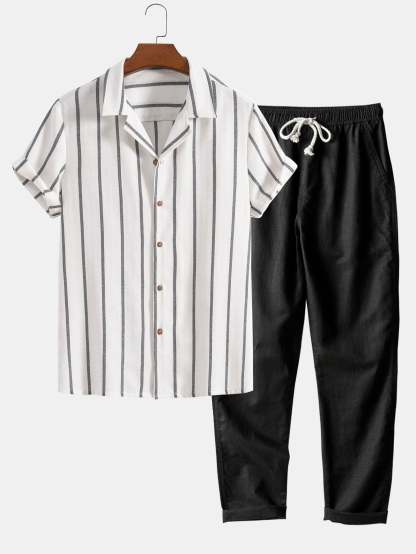 Cotton Blend Striped Cuban Shirt & Straight Leg Linen Pants-Mitchell Shoes