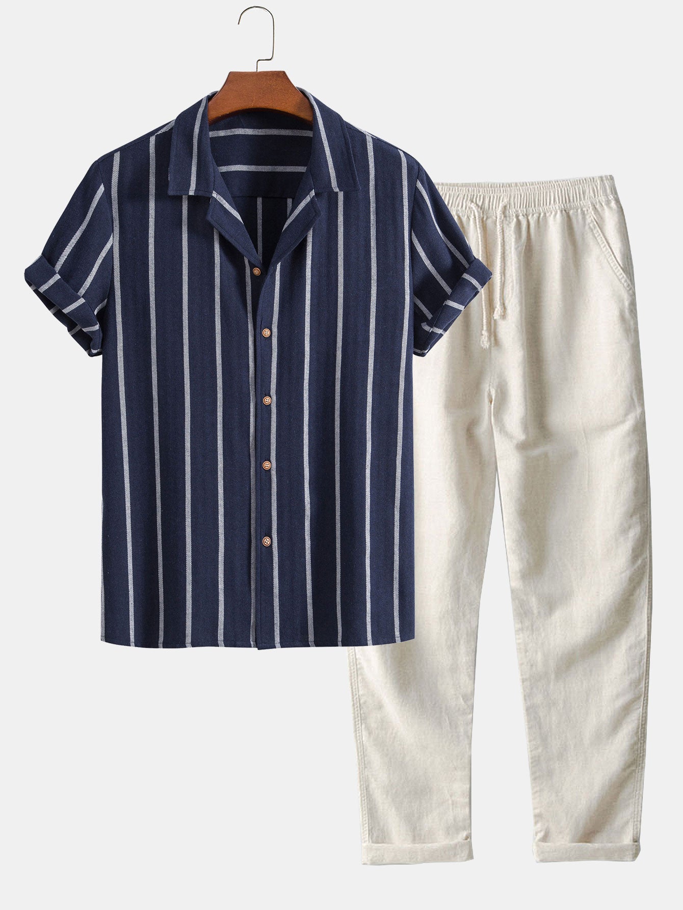 Cotton Blend Striped Cuban Shirt & Straight Leg Linen Pants-Mitchell Shoes