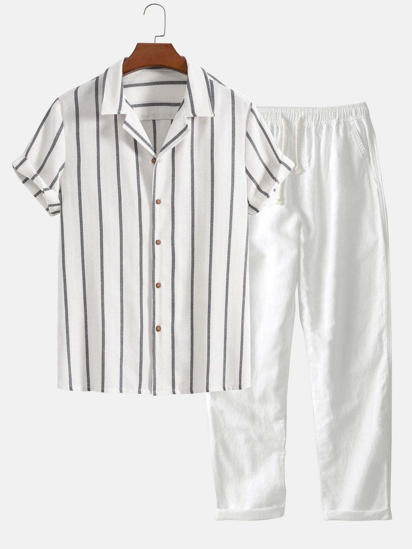 Cotton Blend Striped Cuban Shirt & Straight Leg Linen Pants-Mitchell Shoes