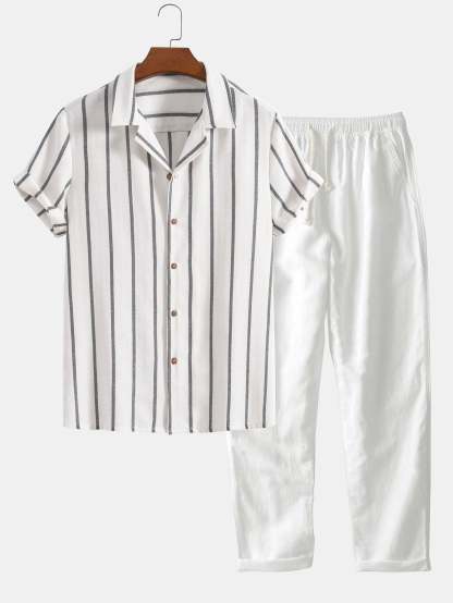 Cotton Blend Striped Cuban Shirt & Straight Leg Linen Pants-Mitchell Shoes