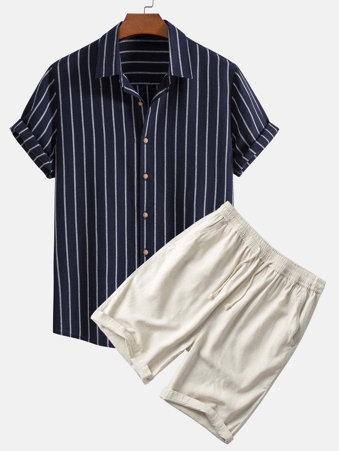 Cotton Blend Striped Button Up Shirt & Linen Cotton Blend 11" Shorts-Mitchell Shoes