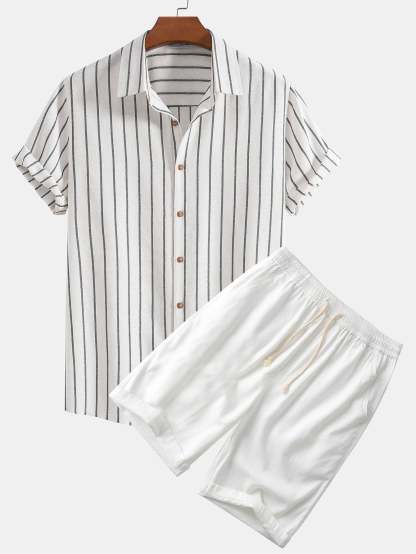 Cotton Blend Striped Button Up Shirt & Linen Cotton Blend 11" Shorts-Mitchell Shoes
