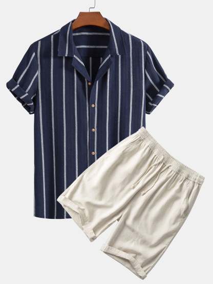 Cotton Blend Striped Cuban Shirt & Linen Cotton Blend 11" Shorts-Mitchell Shoes
