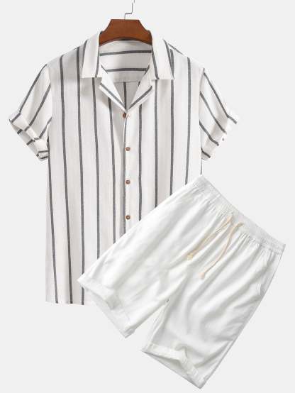 Cotton Blend Striped Cuban Shirt & Linen Cotton Blend 11" Shorts-Mitchell Shoes
