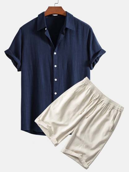 Linen Rayon Blend Button Up Shirt & Linen Cotton Blend 11" Shorts-Mitchell Shoes