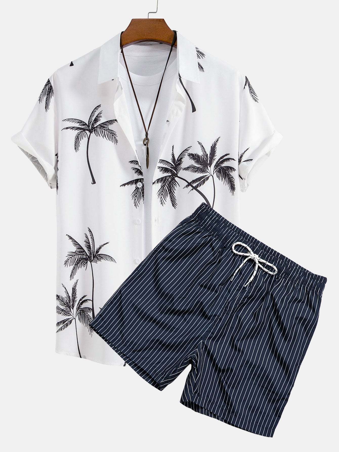Palm Tree Print Button Up Shirt & Striped Print Swim Shorts-Mitchell Shoes