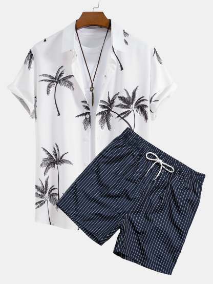 Palm Tree Print Button Up Shirt & Striped Print Swim Shorts-Mitchell Shoes