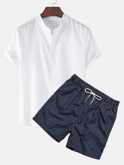 Linen Look Short Sleeve Shirt & Striped Print Swim Shorts-Mitchell Shoes