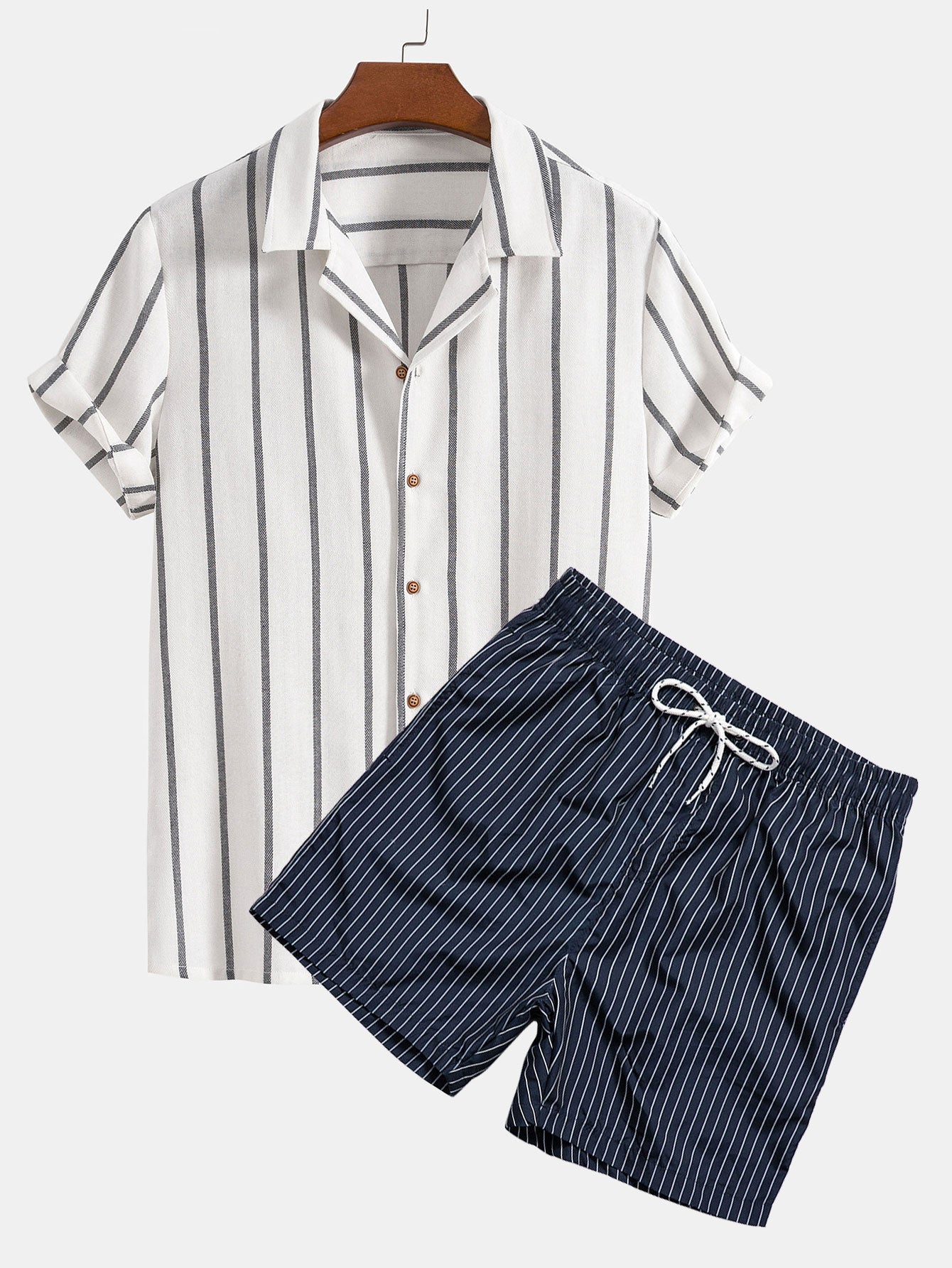 Cotton Blend Striped Cuban Shirt & Striped Print Swim Shorts-Mitchell Shoes