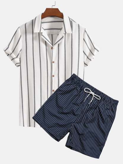 Cotton Blend Striped Cuban Shirt & Striped Print Swim Shorts-Mitchell Shoes