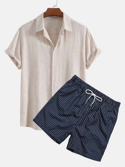 Linen Rayon Blend Button Up Shirt & Striped Print Swim Shorts-Mitchell Shoes