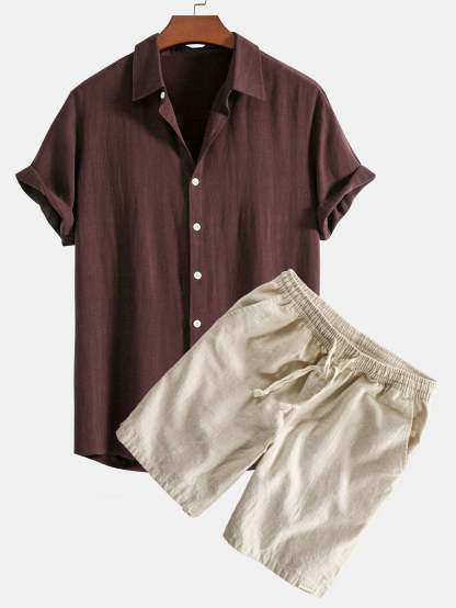 Linen Rayon Blend Button Up Shirt & Linen Cotton Blend Drawstring Shorts-Mitchell Shoes
