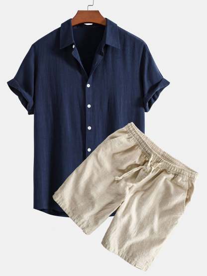 Linen Rayon Blend Button Up Shirt & Linen Cotton Blend Drawstring Shorts-Mitchell Shoes