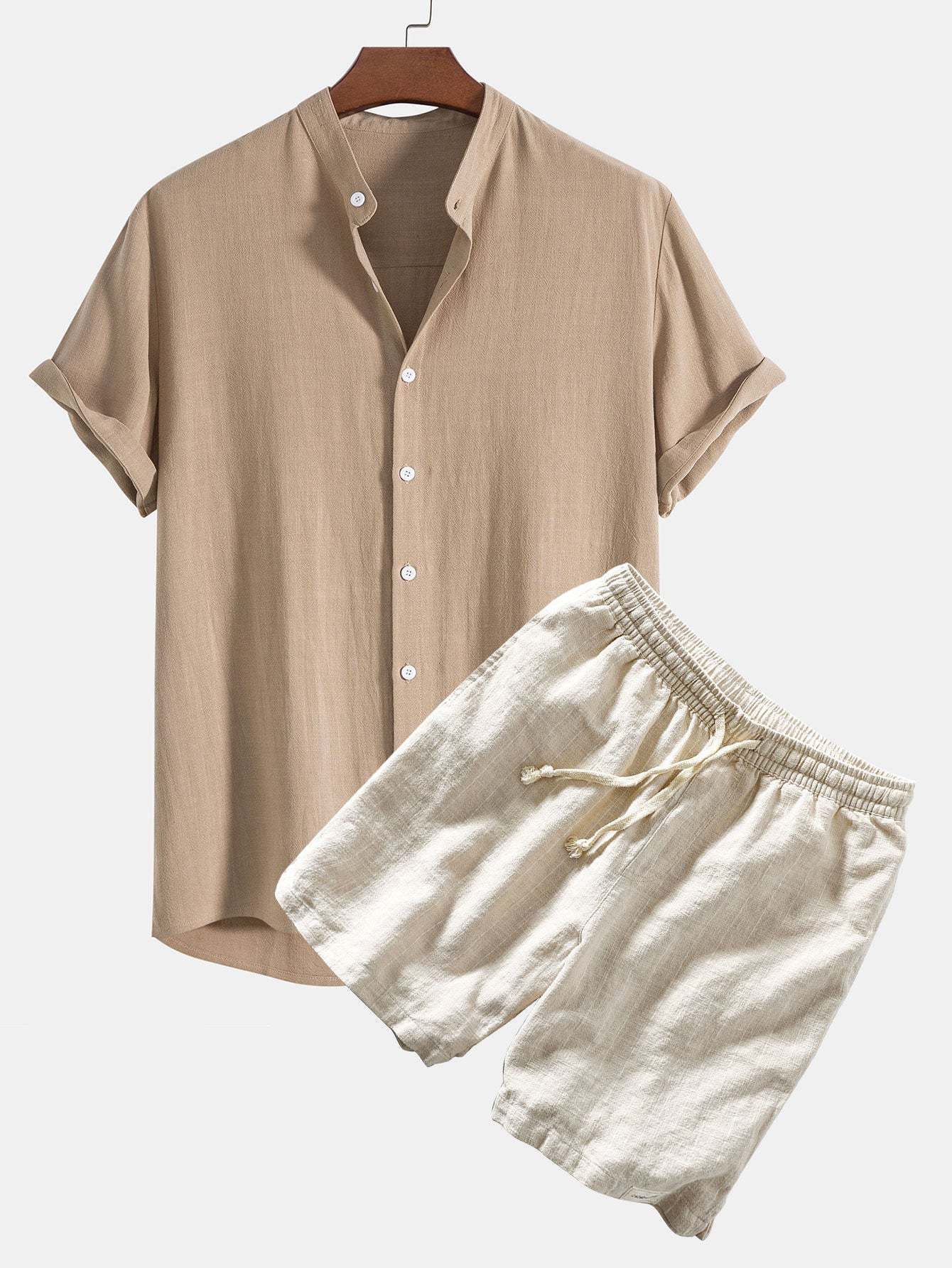 Linen And Rayon Blend Stand Collar Shirt & Linen Cotton Blend Drawstring Striped Shorts-Mitchell Shoes