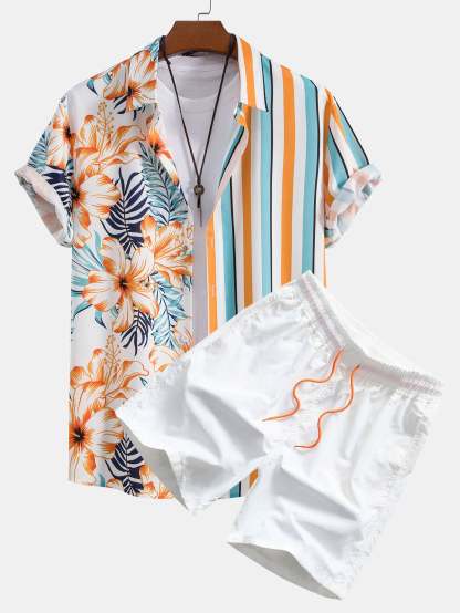 Tropical Stripe Panel Shirt & Swim Shorts-Mitchell Shoes