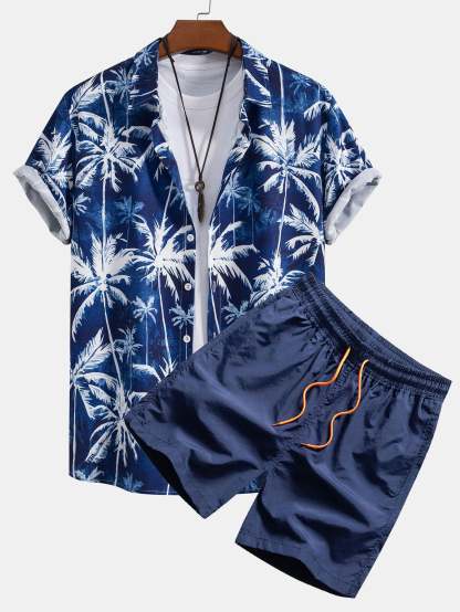 Watercolor Palm Tree Print Button Up Shirt & Swim Shorts-Mitchell Shoes