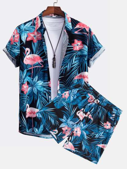 Flamingo Tropical Print Button Up Shirt & Shorts-Mitchell Shoes