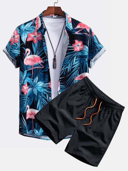 Flamingo Tropical Print Button Up Shirt & Swim Shorts-Mitchell Shoes
