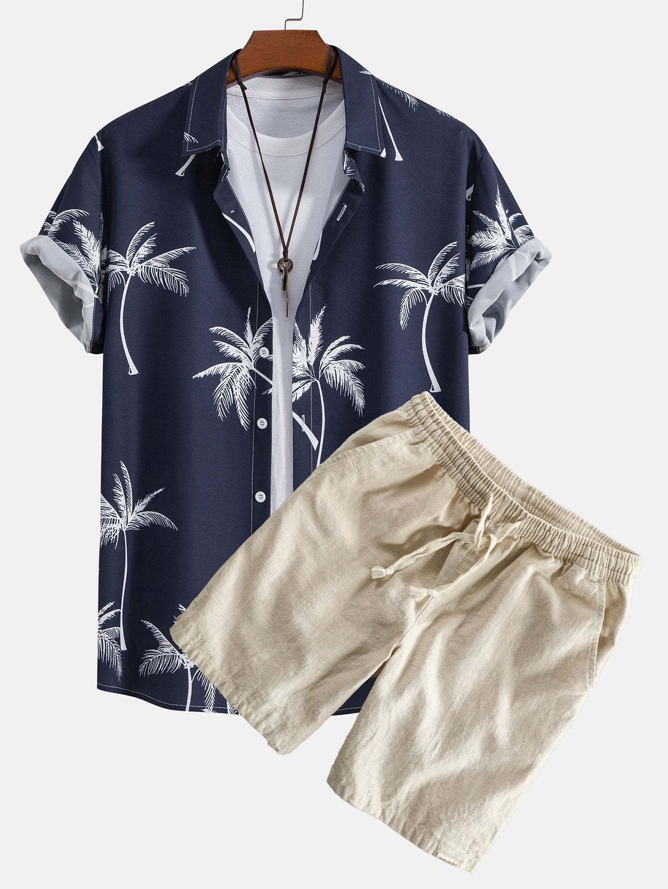 Palm Tree Print Button Up Shirt & Linen Cotton Blend Drawstring Shorts-Mitchell Shoes