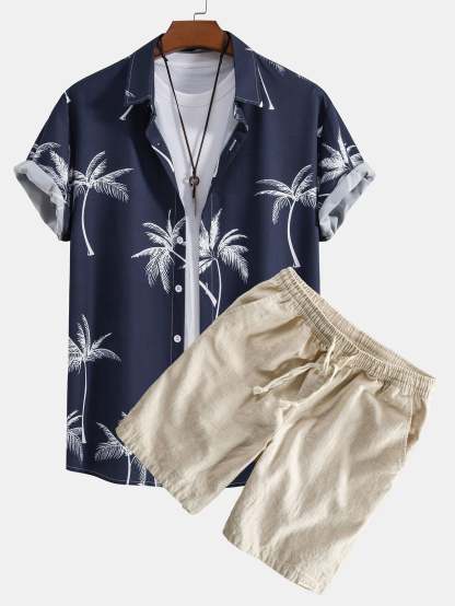 Palm Tree Print Button Up Shirt & Linen Cotton Blend Drawstring Shorts-Mitchell Shoes