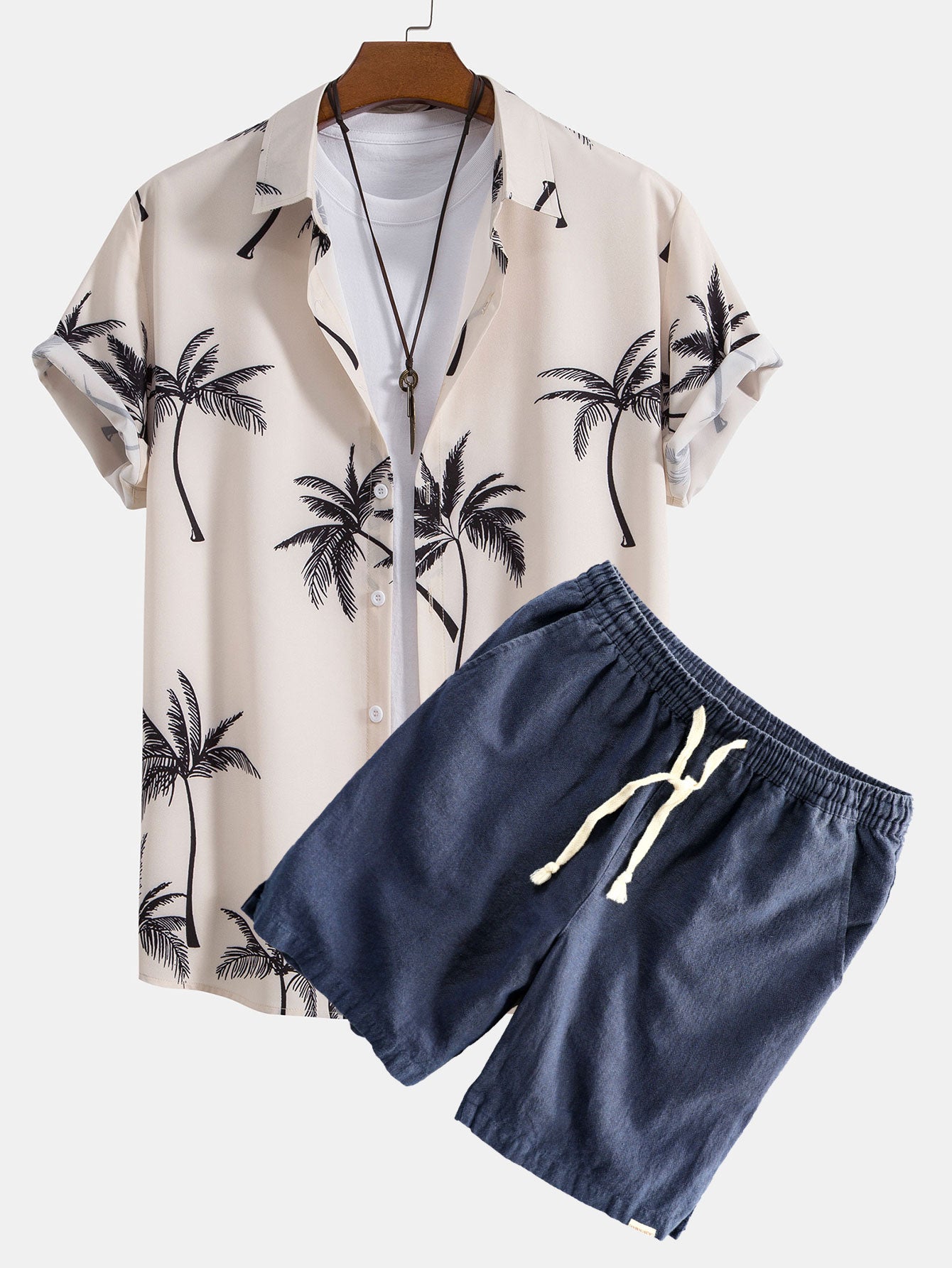 Palm Tree Print Button Up Shirt & Linen Cotton Blend Drawstring Shorts-Mitchell Shoes