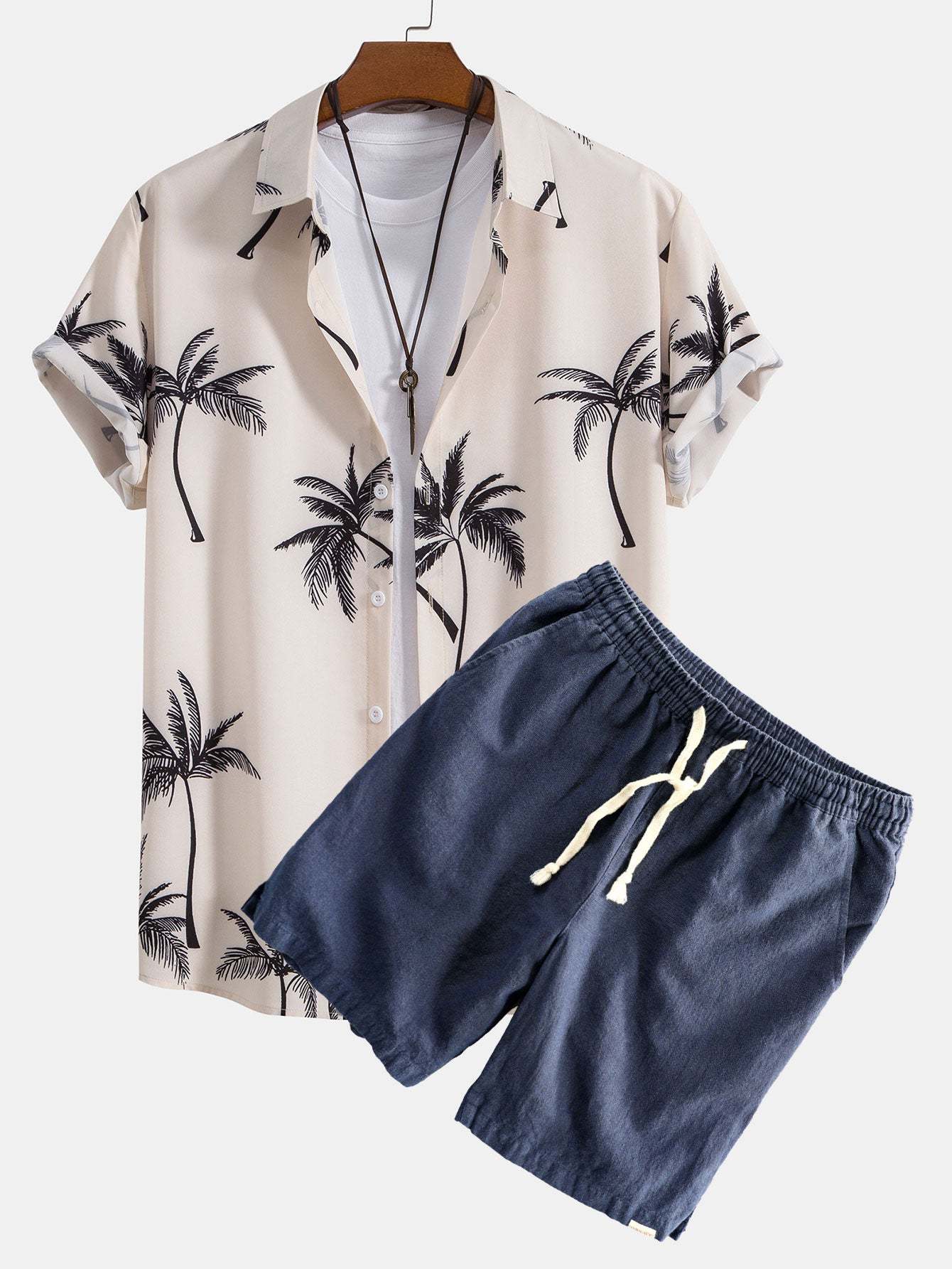 Palm Tree Print Button Up Shirt & Linen Cotton Blend Drawstring Shorts-Mitchell Shoes