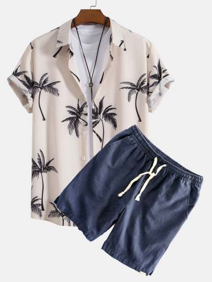 Palm Tree Print Button Up Shirt & Linen Cotton Blend Drawstring Shorts-Mitchell Shoes