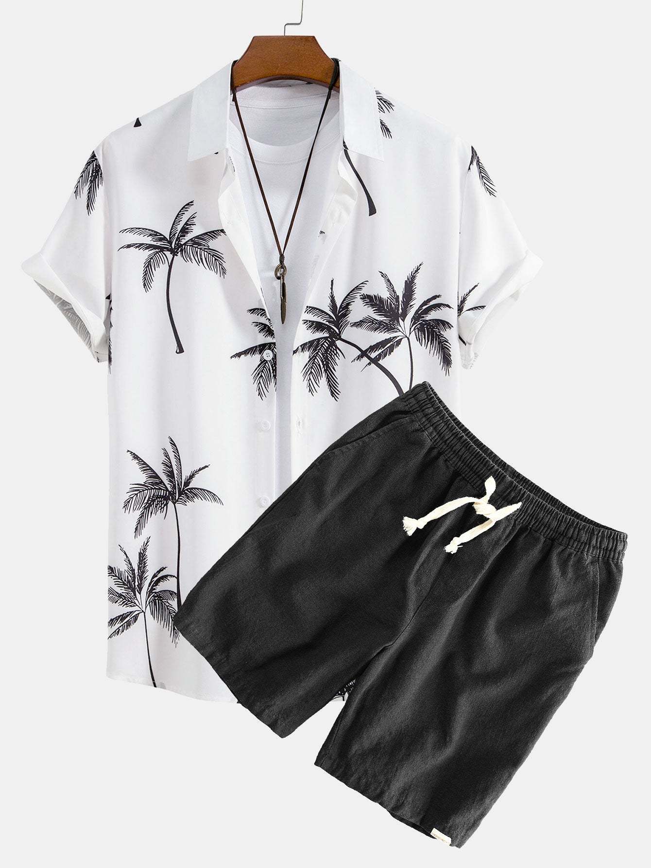 Palm Tree Print Button Up Shirt & Linen Cotton Blend Drawstring Shorts-Mitchell Shoes