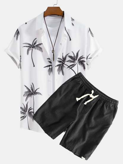 Palm Tree Print Button Up Shirt & Linen Cotton Blend Drawstring Shorts-Mitchell Shoes