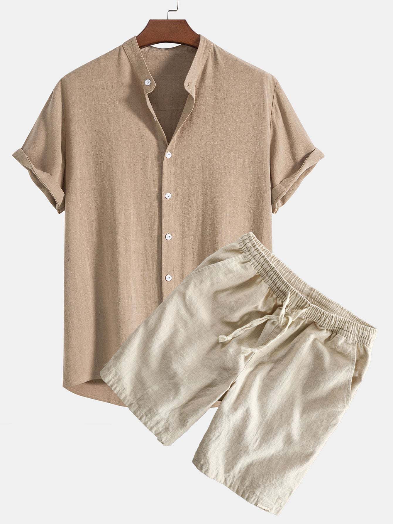 Linen And Rayon Blend Stand Collar Shirt & Linen Cotton Blend Drawstring Shorts-Mitchell Shoes