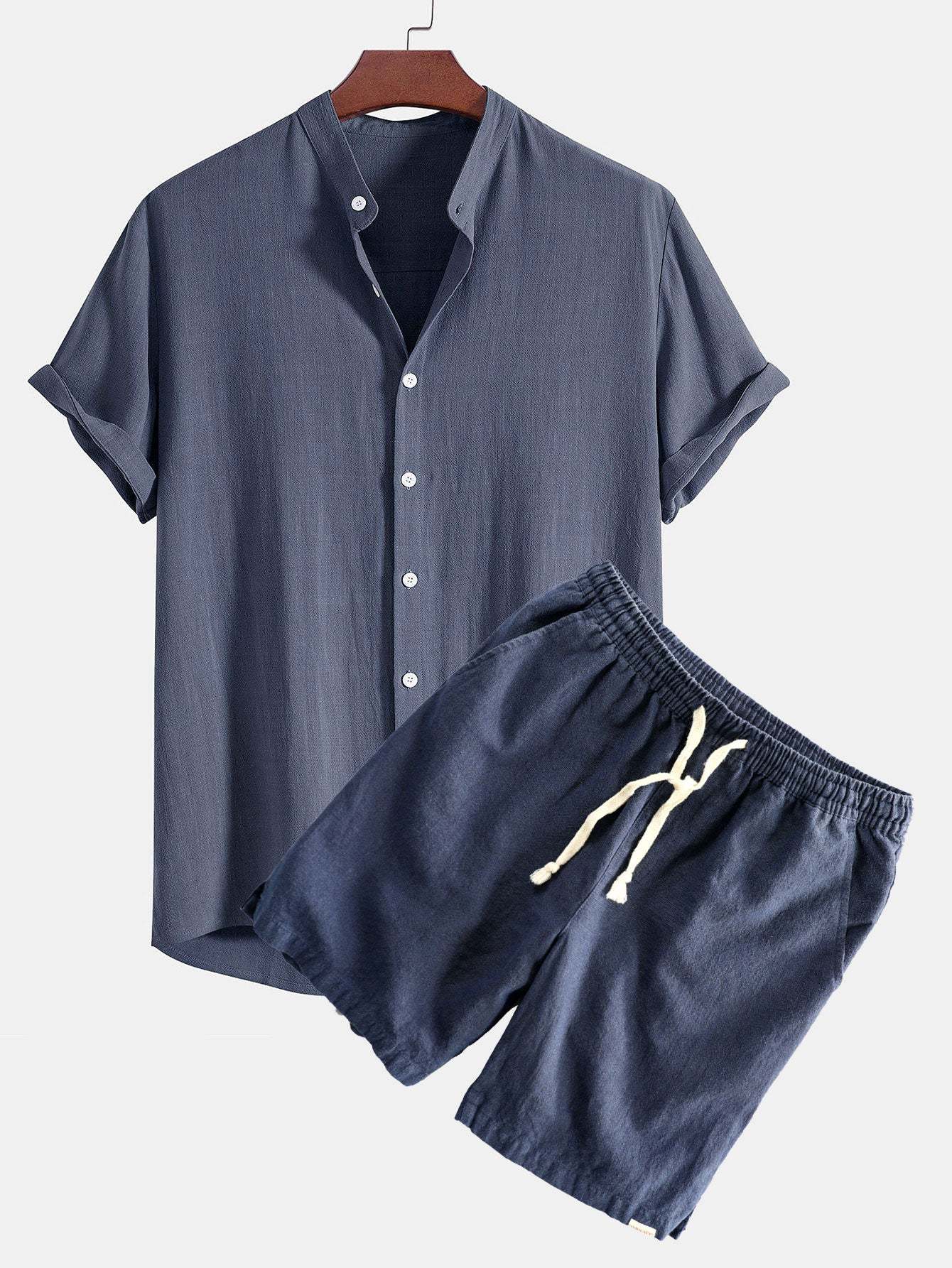 Linen And Rayon Blend Stand Collar Shirt & Linen Cotton Blend Drawstring Shorts-Mitchell Shoes