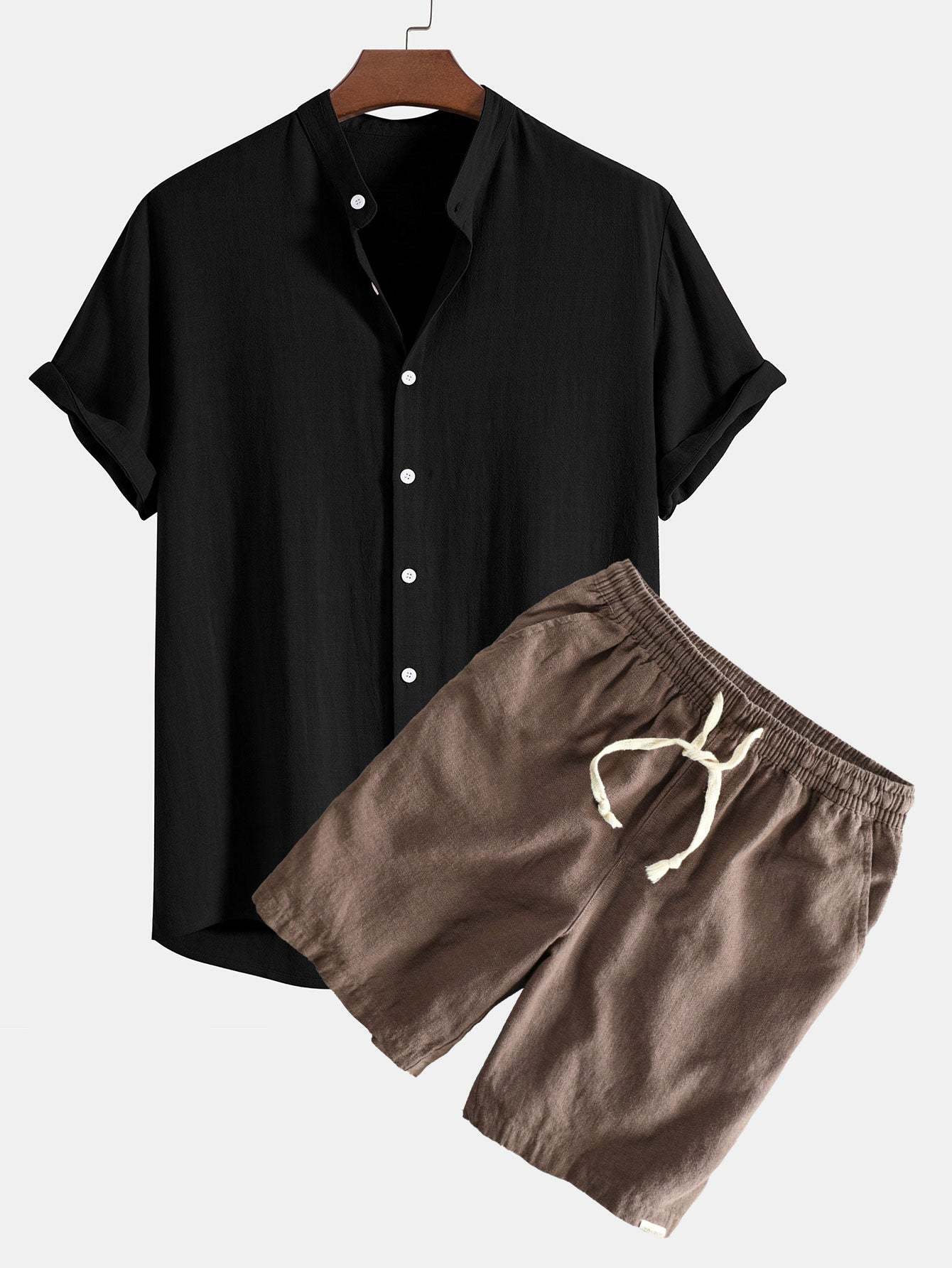 Linen And Rayon Blend Stand Collar Shirt & Linen Cotton Blend Drawstring Shorts-Mitchell Shoes