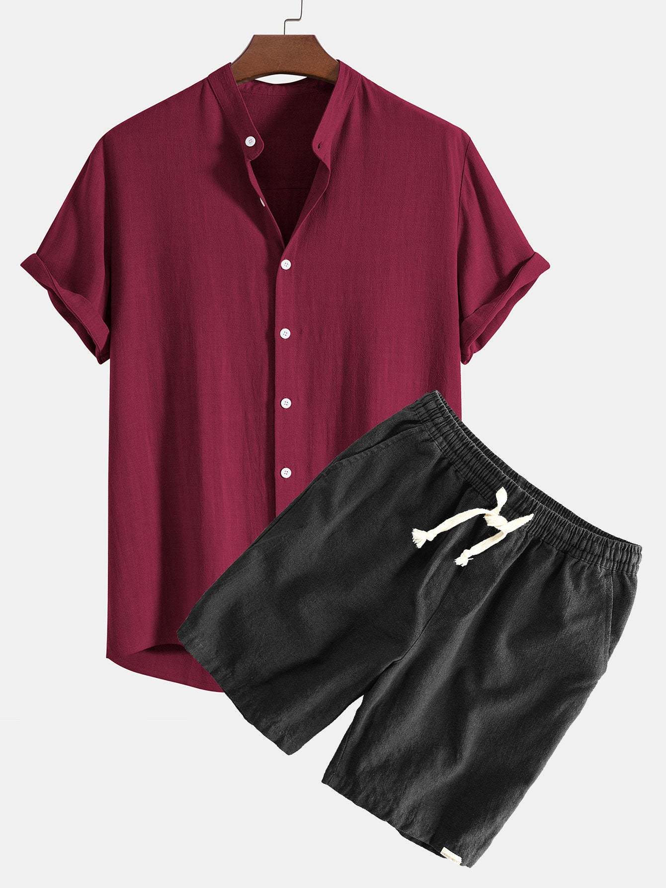 Linen And Rayon Blend Stand Collar Shirt & Linen Cotton Blend Drawstring Shorts-Mitchell Shoes