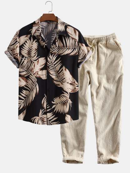 Tropical Print Shirt & Linen Cotton Blend Cropped Pants-Mitchell Shoes