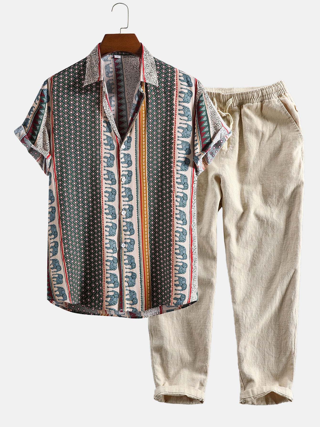 Elephant Geometric Print Shirt & Linen Cotton Blend Cropped Pants-Mitchell Shoes