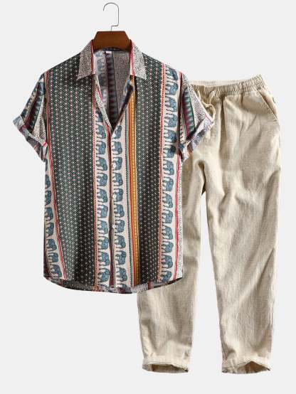 Elephant Geometric Print Shirt & Linen Cotton Blend Cropped Pants-Mitchell Shoes