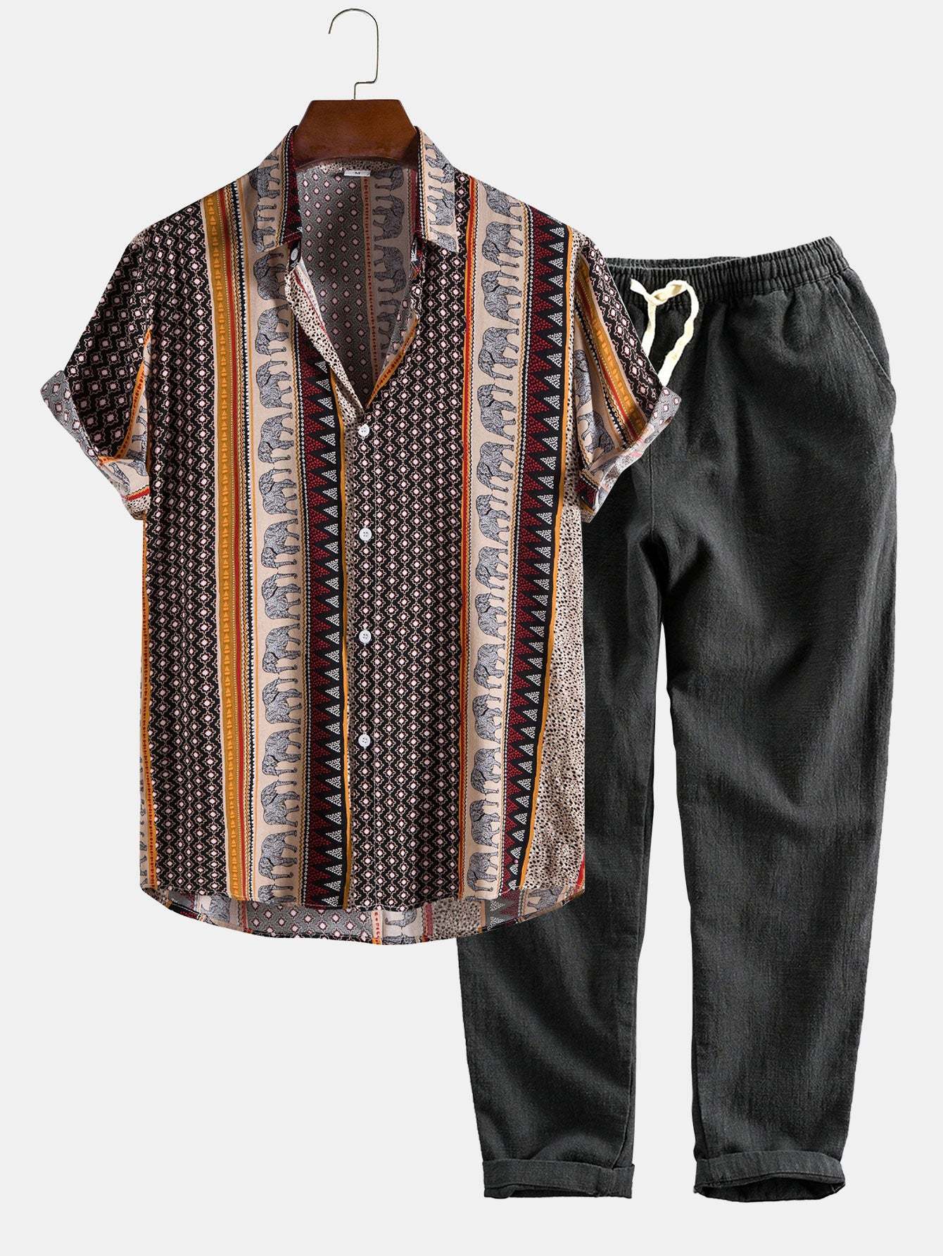 Elephant Geometric Print Shirt & Linen Cotton Blend Cropped Pants-Mitchell Shoes