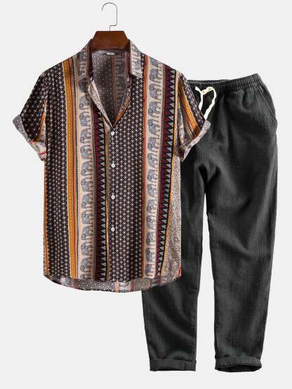 Elephant Geometric Print Shirt & Linen Cotton Blend Cropped Pants-Mitchell Shoes