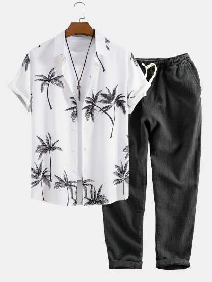 Palm Tree Print Button Up Shirt & Linen Cotton Blend Cropped Pants-Mitchell Shoes