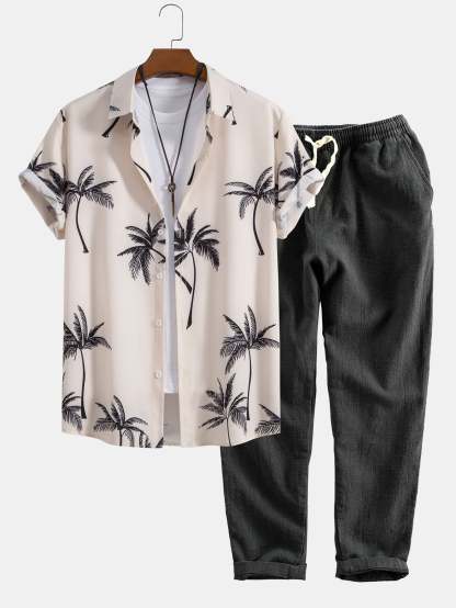 Palm Tree Print Button Up Shirt & Linen Cotton Blend Cropped Pants-Mitchell Shoes