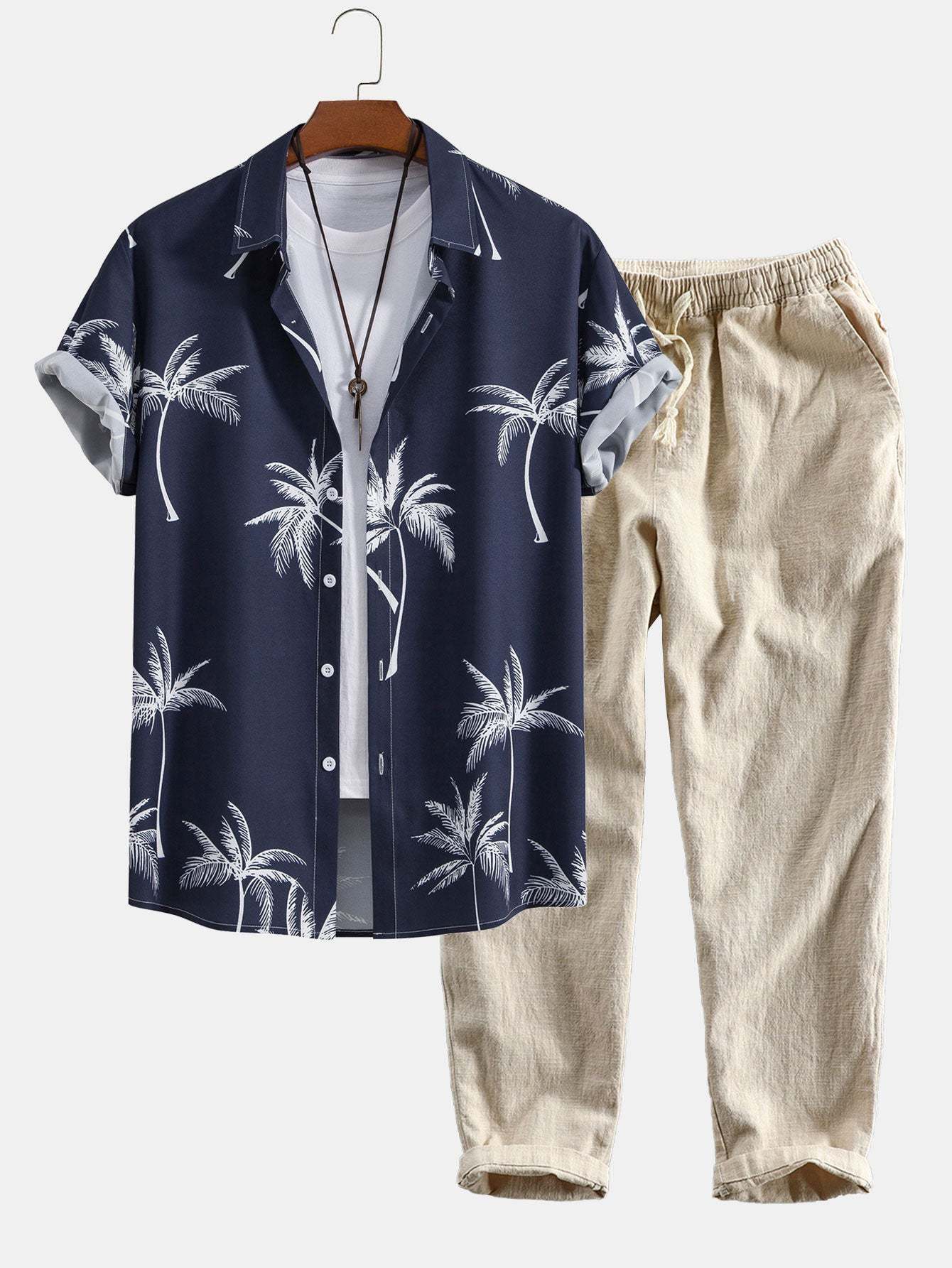 Palm Tree Print Button Up Shirt & Linen Cotton Blend Cropped Pants-Mitchell Shoes