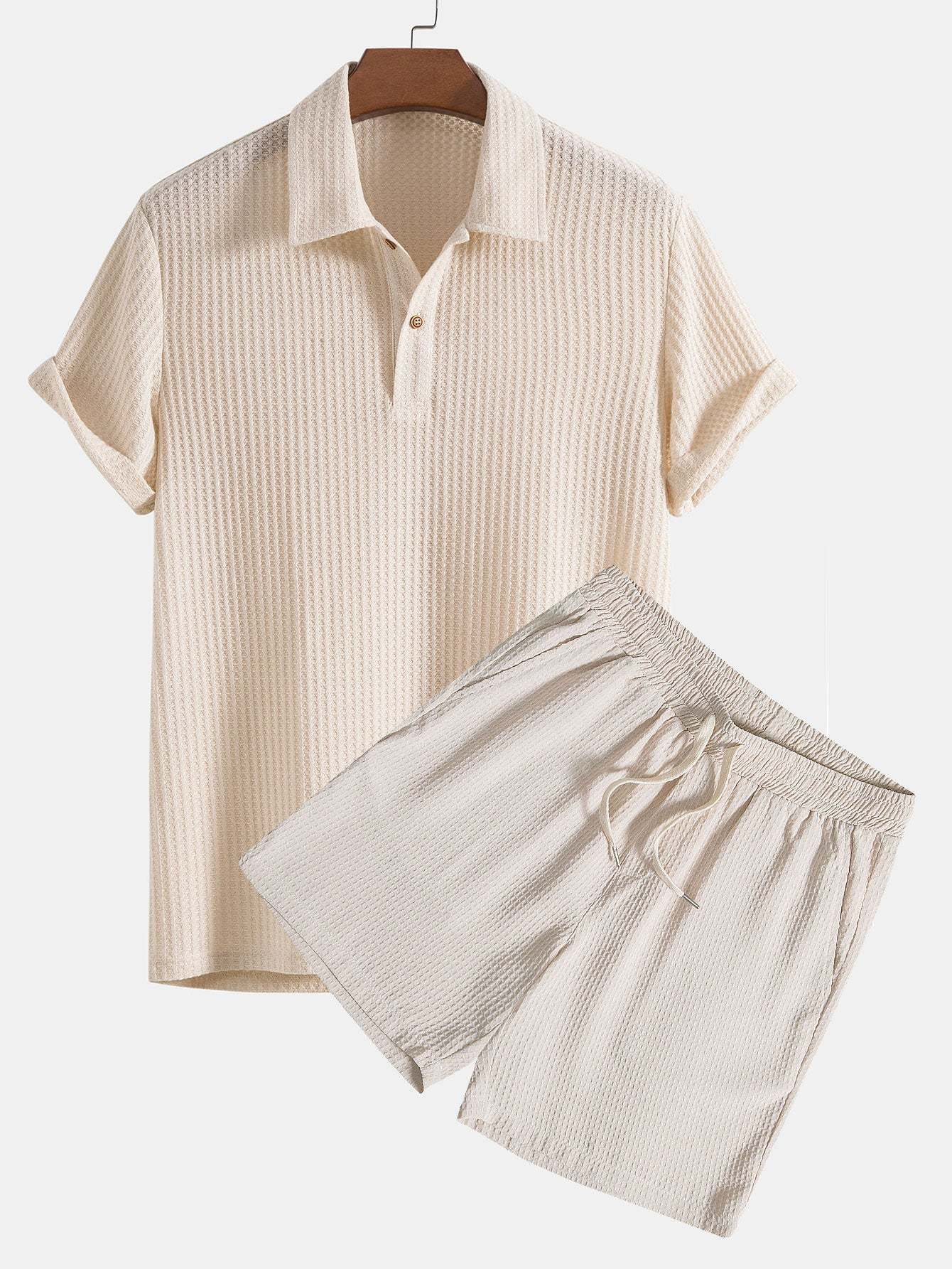 Knitted Waffle Polo Shirt & Waffle Drawstring Shorts-Mitchell Shoes