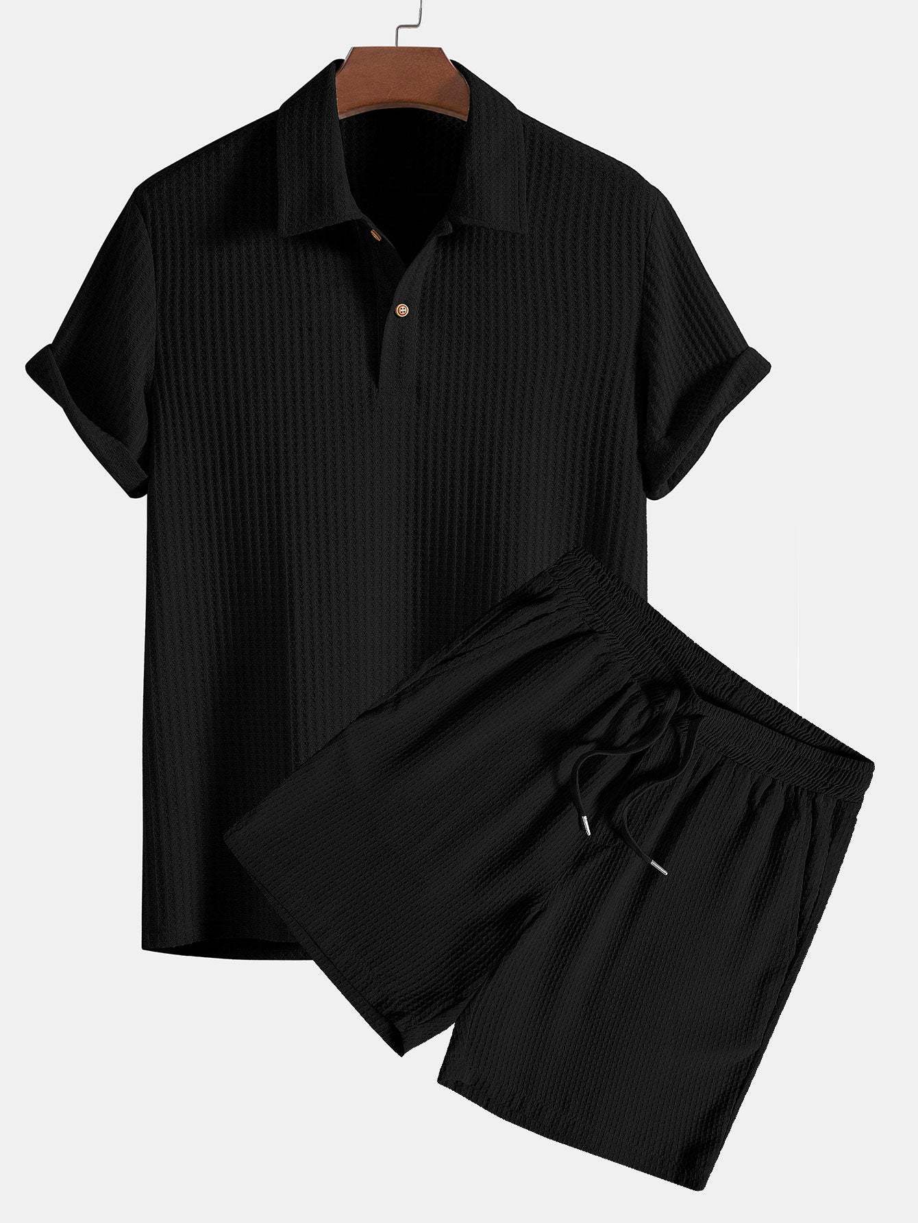 Knitted Waffle Polo Shirt & Waffle Drawstring Shorts-Mitchell Shoes